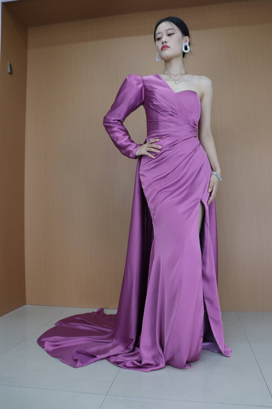 Stiuus Purple Long Sleeve Satin Split Mermaid Prom Dress