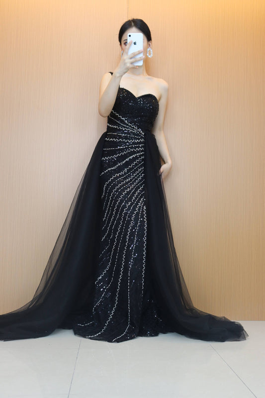 Stiuus Black Sequins Beading Sweetheart Long Prom Dress