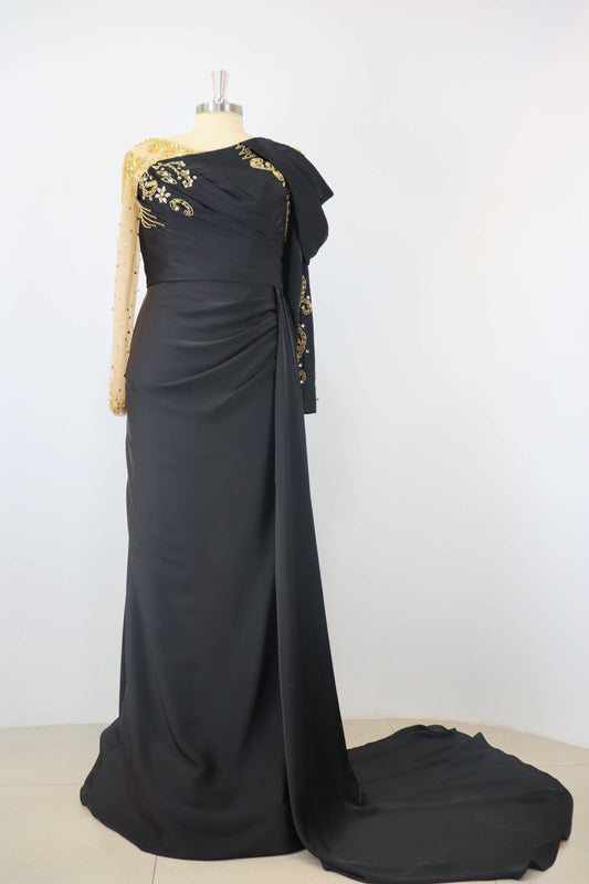 Stiuus Black Beaded Applique Long Sleeve Pleated Prom Dress