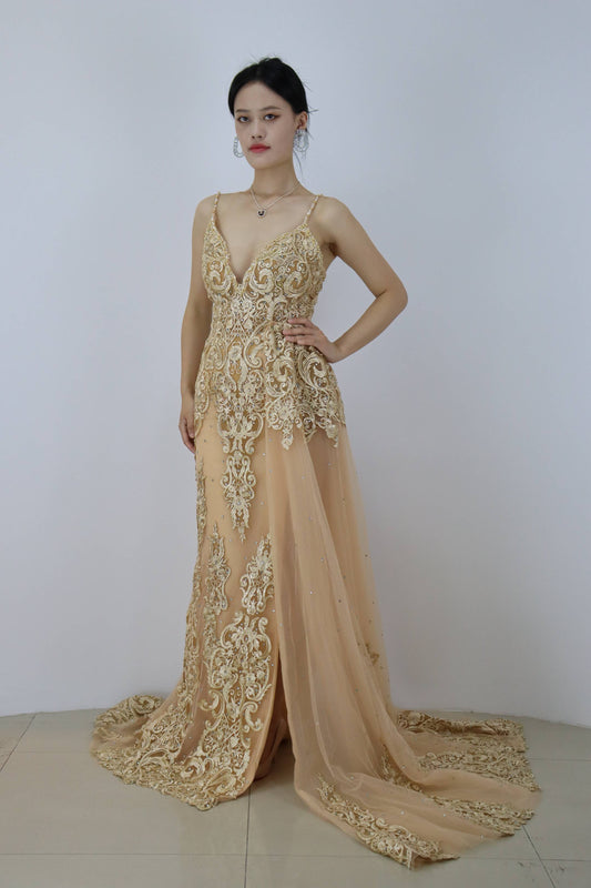 Stiuus V-Neck Beaded Embroidery Applique Long Prom Dress