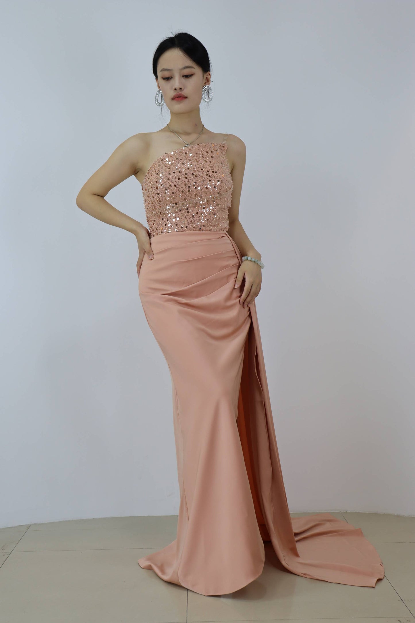 Stiuus Sequins Beading Rhinestone Asymmetric Mermaid Prom Dress