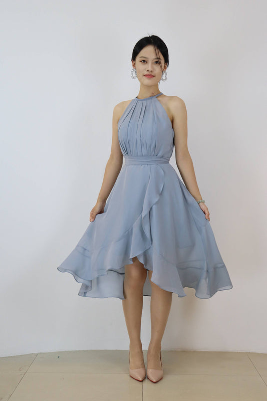 Stiuus Blue Chiffon Halter Hi-Lo Prom Dress