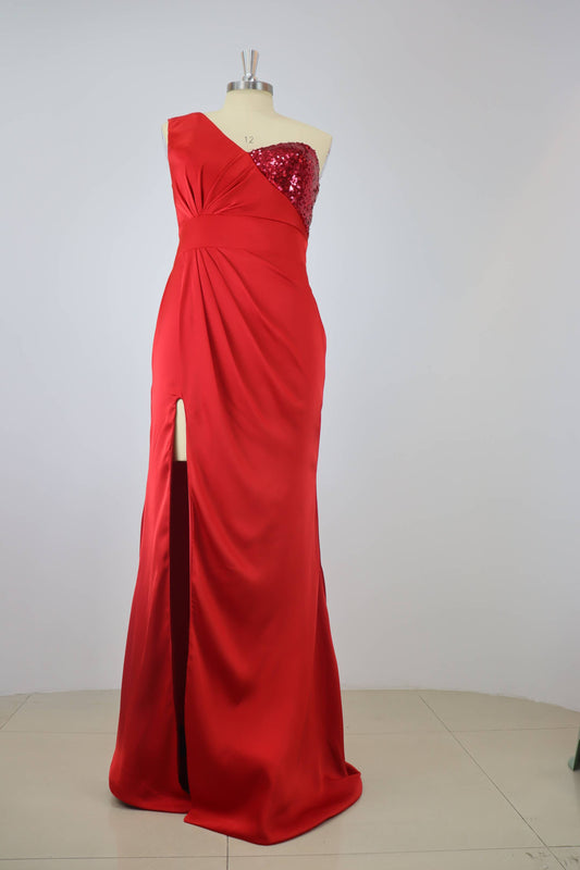 Stiuus Red Sleeveless Sequins Split Pleated Mermaid Prom Dress