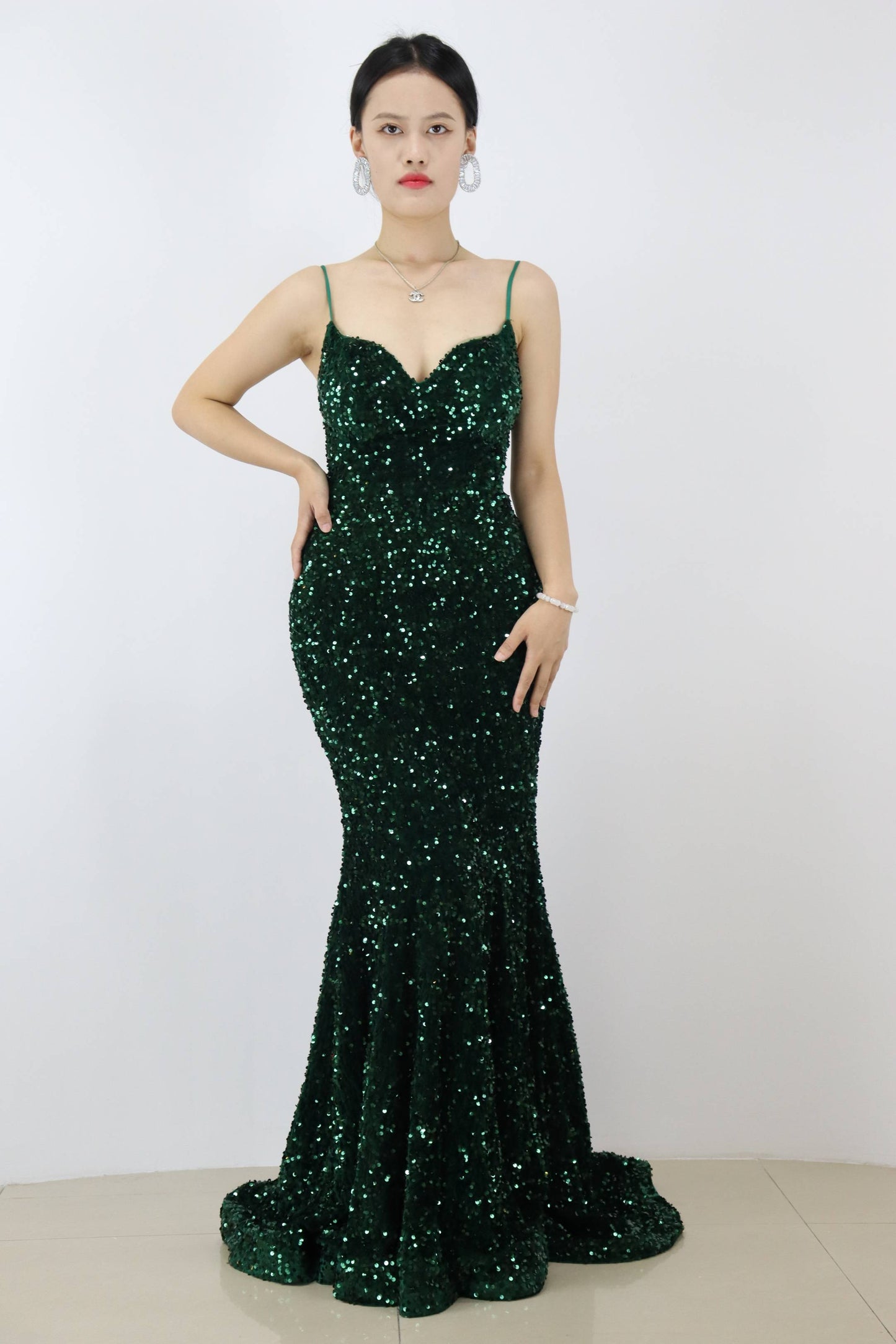 Stiuus Dark Green Sleeveless Beaded Mermaid Prom Dress