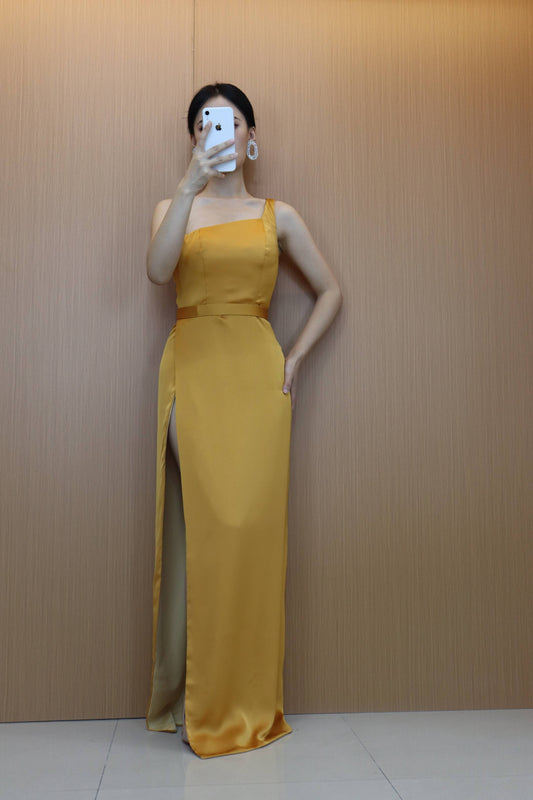 Stiuus Yellow Satin Sleeveless Split Mermaid Prom Dress