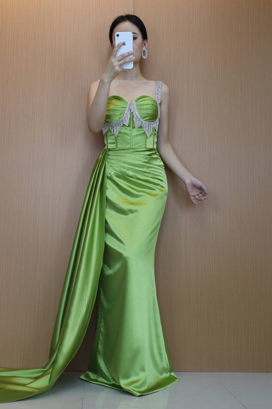 Stiuus Green Beading Pleated Mermaid Semi-Sweetheart Prom Dress