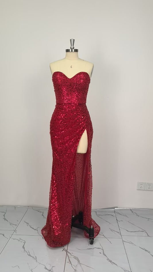 Stiuus Red Sequins Sweetheart Charmeuse Prom Dress With Split Mermaid