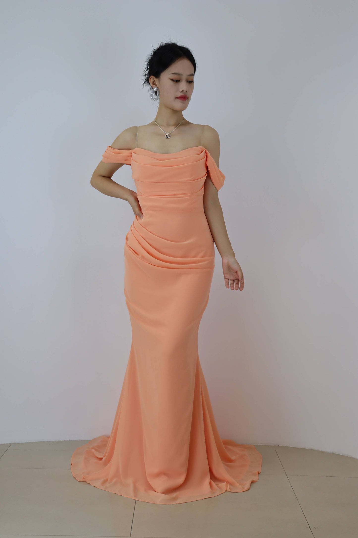 Stiuus Orange Off Shoulders Pleat Mermaid Prom Dress